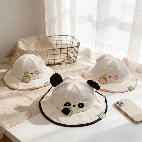 Cappello Alla Pescatora Per Neonati Misto Cotone Cartone Animato Panda Orecchie Di Animali Protezione Solare Estate