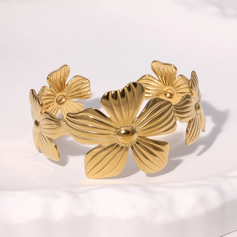 Brazalete Abierto Flor Acero Inoxidable Textura Cepillada Estilo Vintage Retro Ancho Joyería Mujer