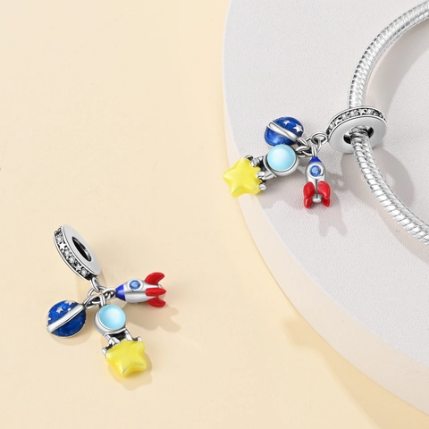 Space Travel Astronaut Rocket Moon Planet Charms 925 Sterling Silver Σμάλτο Ζιργκόν Χάντρες Για Βραχιόλια Αξεσουάρ Κοσμημάτων