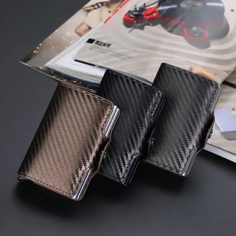 Portacarte Pop-up Automatico da Uomo Trama in Fibra di Carbonio Portafoglio Sottile Con Chiusura Magnetica