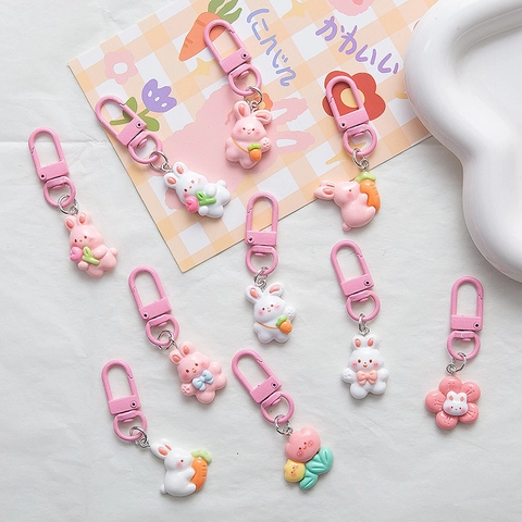 Cute Cartoon Rabbit Resin Keychain Sweet Pink White Bunny Carrot Flower School Bag Pendant Hanging Ornament Girls Gift