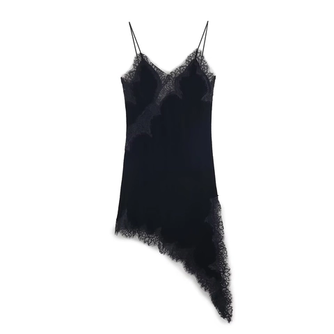 Sexy Schwarzes Samt Midi Slipkleid Ärmellos V Ausschnitt Spitzenbesatz Asymmetrischer Saum Elegante Partykleidung Für Damen