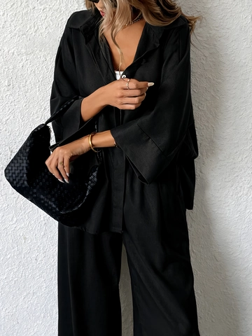 Women Shirt And Wide Leg Pants Solid Color Polyester Spandex Long Sleeve Button Down Loose Fit Casual Commuter Outfit