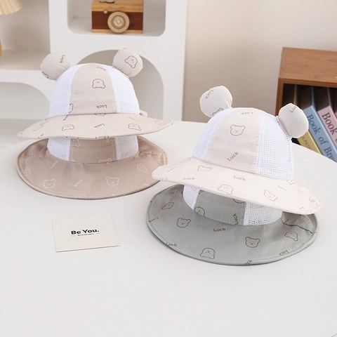 Cappello Da Pescatore In Rete Per Bambini Traspirante Cotone Protezione Solare Con Orecchie Da Orso E Cinturino Regolabile