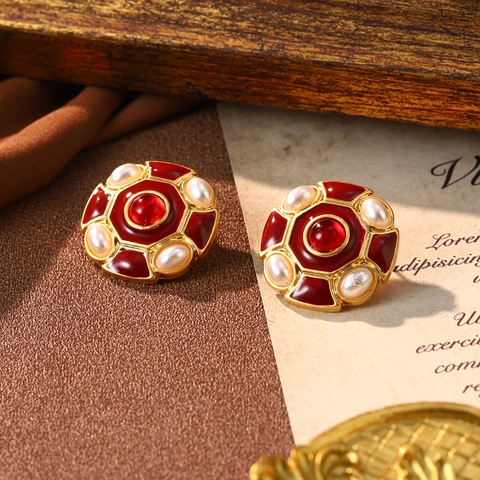 Pendientes Estilo Francés Vintage Aleación Esmalte Rojo Resina Perlas Artificiales Con Poste De Plata De Ley 925 Chapado En Oro Retro