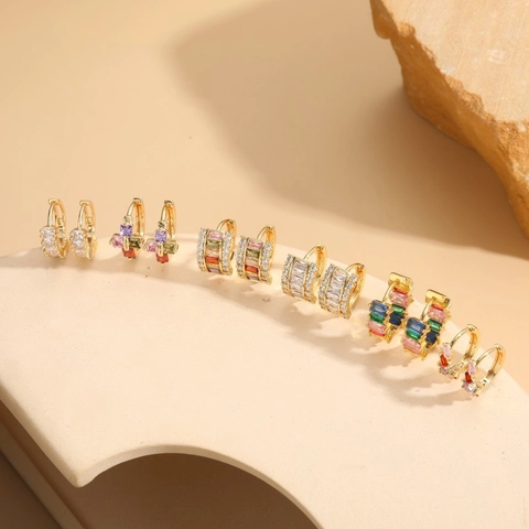 Colorful Zircon Huggie Hoop Earrings 14K Gold Plated Copper Geometric Lightweight Luxury Ins Style For Women