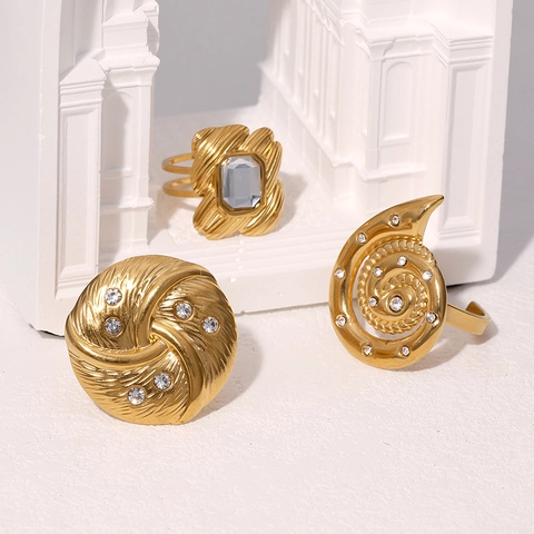 Vintage 18K Vergoldete Edelstahl Verstellbare Offene Ringe Für Frauen Rhinestone Geometrische Spiral Schmuck