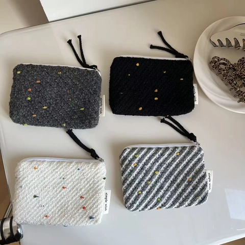 Mini Woolen Coin Purse Zipper Storage Pouch Colorful Dot Striped Pattern Card Lipstick Organizer Fabric Bag Women