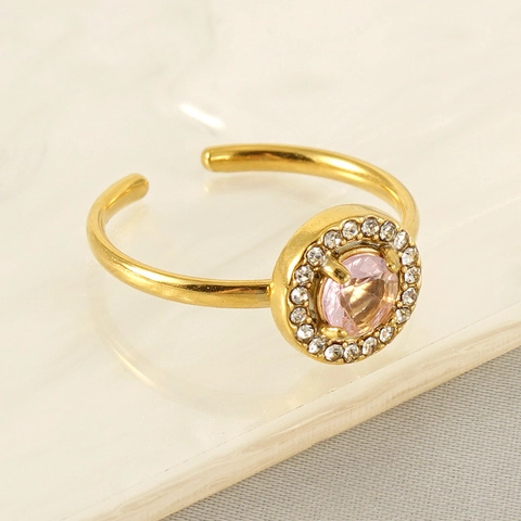 Eleganter Verstellbarer Offener Ring 18K Vergoldeter Edelstahl Runder Zirkonia Halo Modeschmuck Für Frauen Alltagsaccessoire