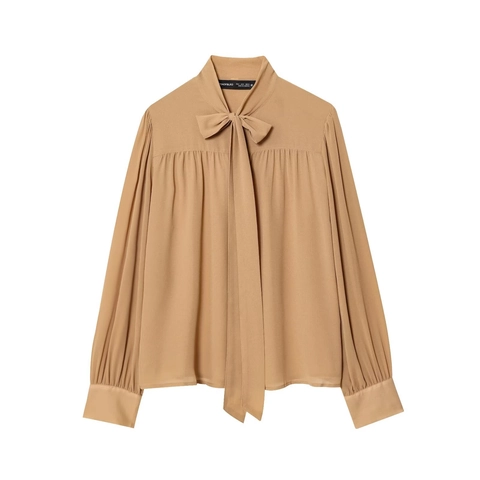 Camicetta da Donna Casual in Chiffon con Fiocco Elegante Manica Lunga Pieghettata Tinta Unita Camicetta Pullover da Ufficio