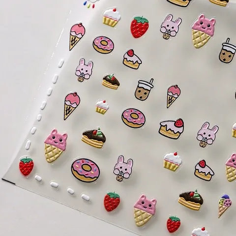 Embossed Relief Nail Stickers Cartoon Dessert Rabbit Cake Self Adhesive Manicure Decals DIY Beauty Decor