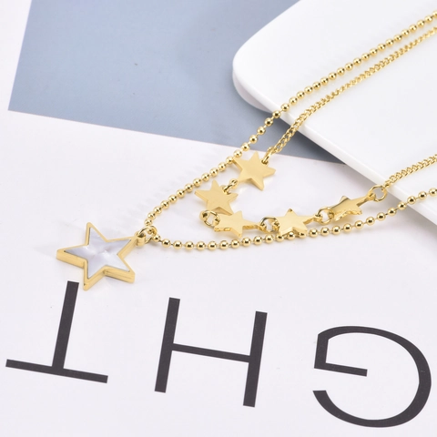 Double Layer Star Pendant Necklace Titanium Steel 18K Gold Plated Mother Of Artificial Pearl Inlay Ball Chain Clavicle Minimalist