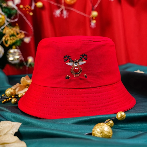 Christmas Reindeer Embroidery Bucket Hat Cotton Red Wide Brim Holiday Sun Protection Casual For Women Men