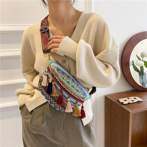 Bohemian Ethnic Woven Waist Bag For Women Colorful Tassel Geometric Pattern Wide Adjustable Shoulder Strap Nylon Chest Bag