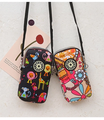 Mini Crossbody Bag Nylon Multi-Layer Zipper Cell Phone Pouch Floral Print Adjustable Strap Lightweight Small Purse