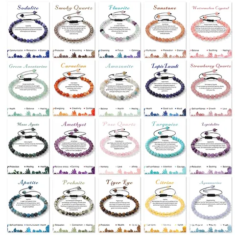 Natural Gemstone Beaded Bracelet Adjustable Woven Rope Amethyst Tiger Eye Turquoise Healing Energy Jewelry For Men Women