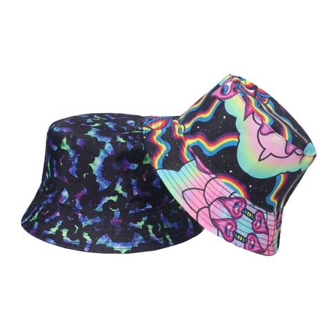 Reversible Bucket Hat Polyester Sun Protection Foldable Hip Hop Graffiti Galaxy Print Outdoor Summer Cap For Men Women