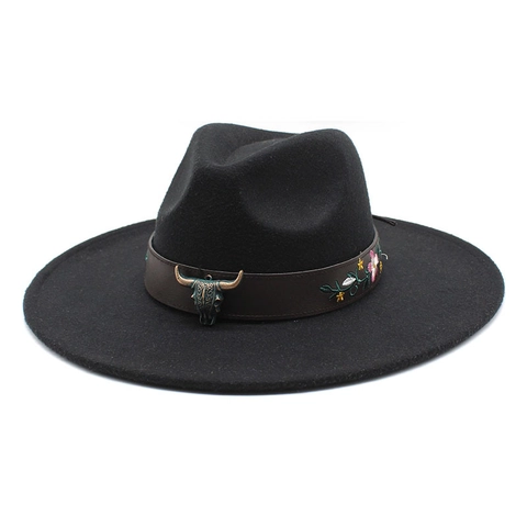 Wide Brim Fedora Hat Wool Felt Western Cowboy Style With Metal Steer Skull And Flower Embroidery Ethnic Style
