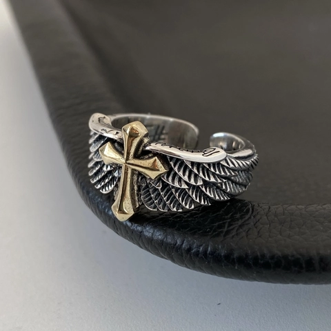 Anello Aperto Con Ali Di Angelo E Croce Vintage Lega Retro Punk Gotico Gioielli Regolabili Per Uomo Unisex