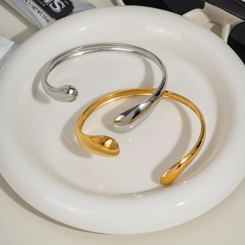 Minimalist Wave Open Bangle Stainless Steel 18K Gold Plated Teardrop Cuff Bracelet Chic Versatile Jewelry For Women