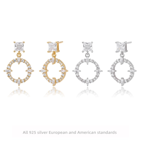 Pendientes de Botón de Plata de Ley 925 con Circonia para Mujer Moda Francesa Lujo Ligero Pendientes Geométricos Cuadrados Círculo