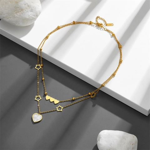 Collana A Doppio Strato Acciaio Inossidabile Placcato Oro Stella Cuore Pendente Conchiglia Bianca Gioielli Di Moda Per Donne