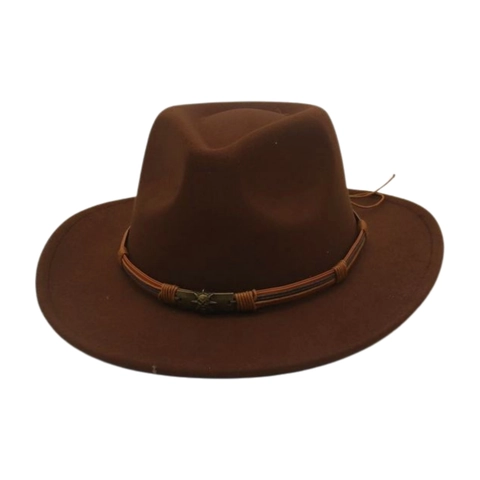 Western Cowboy Hat Wide Brim Wool Felt Fedora With Metal Skull Badge Decorative Band Vintage Jazz Style For Men Women
