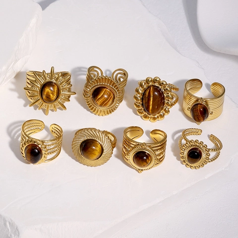 Edelstahlringe Für Damen 18K Vergoldet Tigerauge Stein Verstellbar Offen Vintage Böhmischer Ethnoschmuck