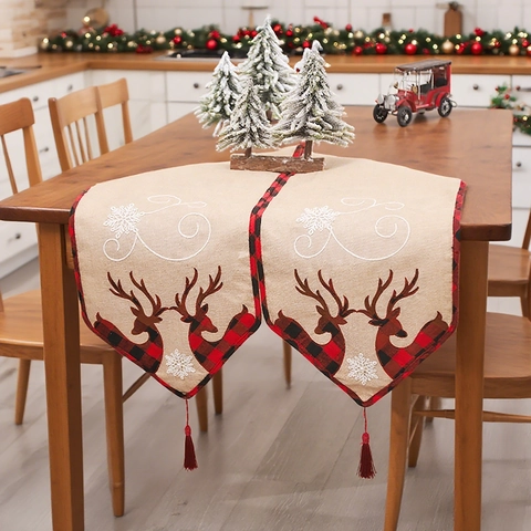 Runner Da Tavola Natale Iuta Renna Ricamata Quadri Buffalo Con Nappe Decorazione Festiva