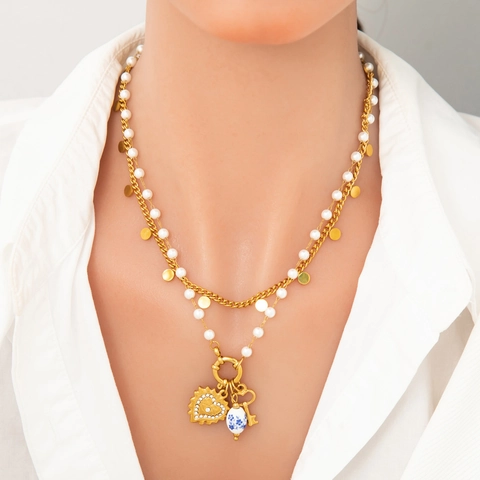 Vintage Stainless Steel 18K Gold Plated Double Layer Necklace For Women Artificial Pearl Ceramic Bead Heart Key Pendant Rhinestone Evil Eye Jewelry