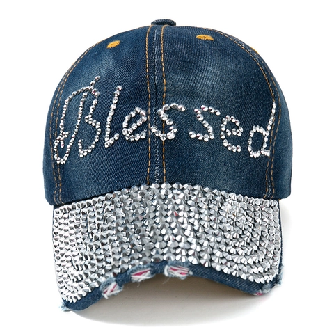 Cappello Da Baseball In Denim Con Lettera Blessed Tesa Con Strass Cappello Regolabile Streetwear