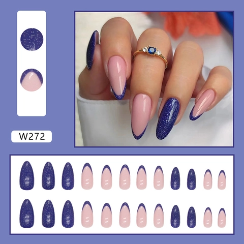 Klein Blau Künstliche Nägel French Tip Mandelform Glitzer Elegante Einfache Maniküre Für Damen Hochglanz Finish