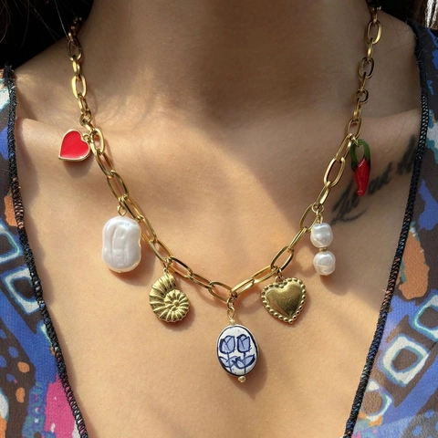 Collar Con Colgantes Mixtos Acero Inoxidable Corazón Perla Barroca Artificial Concha Chile Flor Porcelana Joyería Bohemia Mujer