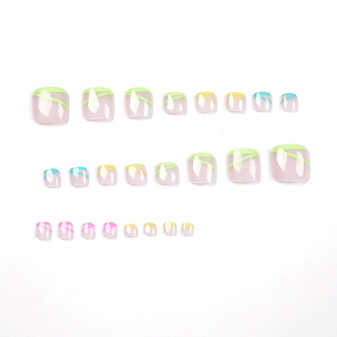 Glossy Press On Toe Nails Colorful Neon Lines Design Minimalist Full Cover Artificial Fake Nails For Women Summer Foot