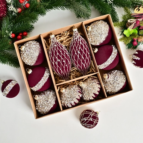Christmas Tree Hanging Ornaments Flocked Plastic Balls Drops Spindles With Beads Sequins Velvet Hand Painted Holiday Decor