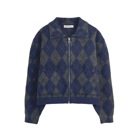 Giacca Cardigan In Maglia Argyle Da Donna Con Cerniera Scollo A V Manica Lunga Tessuto In Poliestere Acrilico Casual Retrò