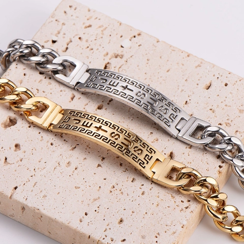 Bracciale Catena Cubana Acciaio Inossidabile Placcato Oro 18K Traforato Piastra Croce Gesù Hip Hop Punk Gioielli Uomo
