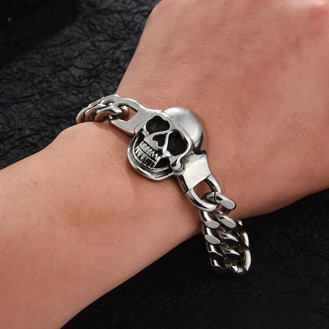 Skull Bracelet Men Stainless Steel Chunky Cuban Link Chain Punk Hip Hop Gothic Retro Silver Color Jewelry