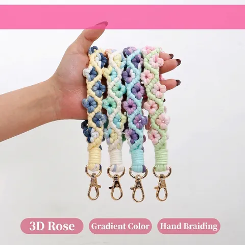 Handgefertigter Geflochtener Blumen Schlüsselanhänger Armband Baumwolle 3D Rose Anhänger Für Damen Auto Schlüssel Bohemian