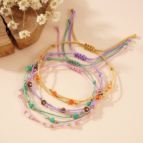 Layered Braided Rope Bracelet Faceted Crystal Gold Metal Beads Adjustable Bohemian Minimalist Handmade Jewelry Women