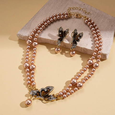Butterfly Pendant Double Layer Artificial Pearl Necklace And Enamel Rhinestone Earrings With Silver Earring Post Elegant Vintage