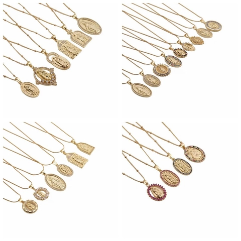 Virgin Mary Pendant Necklace Copper Gold Plated Zirconia Religious Guadalupe Medal Jewelry For Women