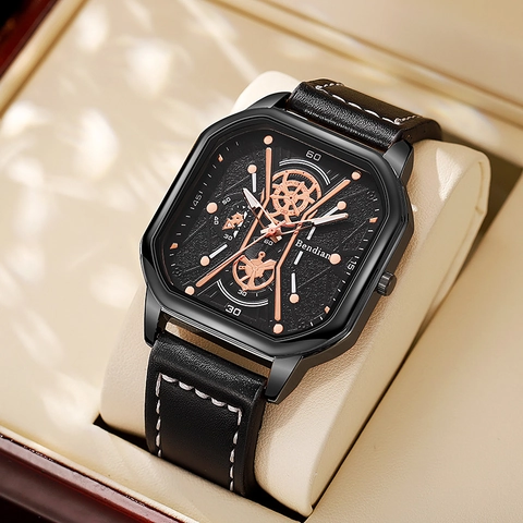Square Dial Men Quartz Watch Alloy Case Faux Leather Strap Casual Sports Large Face Fashion Wristwatch