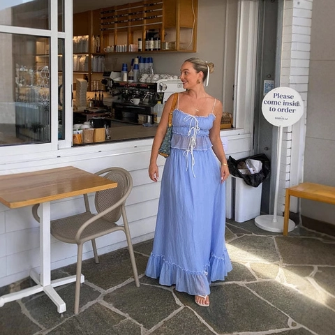 Top A Spalline E Gonna Maxi Da Donna Vacanze Estive Dolce Con Volant Coulisse Pieghe Poliestere Abbigliamento Boho