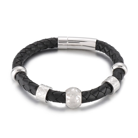 Bracciale In Pelle Intrecciata Da Uomo Con Chiusura Magnetica In Acciaio Inossidabile Perline Metalliche Geometriche Nero Casual