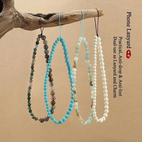 Handmade Beaded Phone Strap Indian Agate Amazonite Synthetic Turquoise Wristlet Lanyard Anti-Lost Charm String Universal