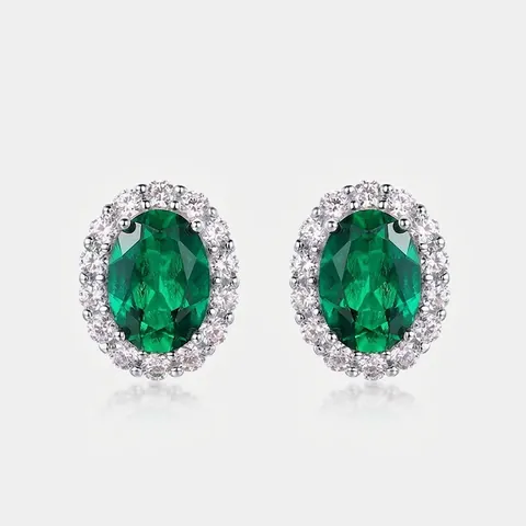 Luxury 925 Sterling Silver Lab-Grown Emerald Stud Earrings For Women Vintage Halo Oval Emerald Rhinestone Earrings Fine Jewelry