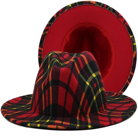 Christmas Plaid Fedora Hat Wide Brim British Vintage Style Jazz Hat For Men Women Cotton Polyester Blend Retro