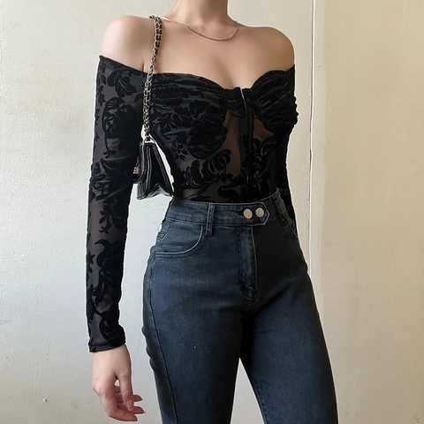Damen Off Shoulder Bodysuit Langarm Schwarz Spitze Beflockt Floral Mesh Slim Fit Sexy Jumpsuit Top Haken Öse Verschluss