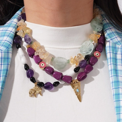 Titanium Steel Layered Necklace Women Natural Stone Amethyst Aventurine Elephant Evil Eye Pendant Bohemian Beaded Jewelry